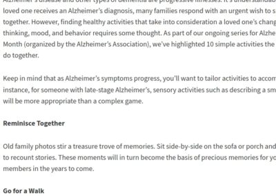 Blog Article: Activities for Loved Ones With Alzheimer’s